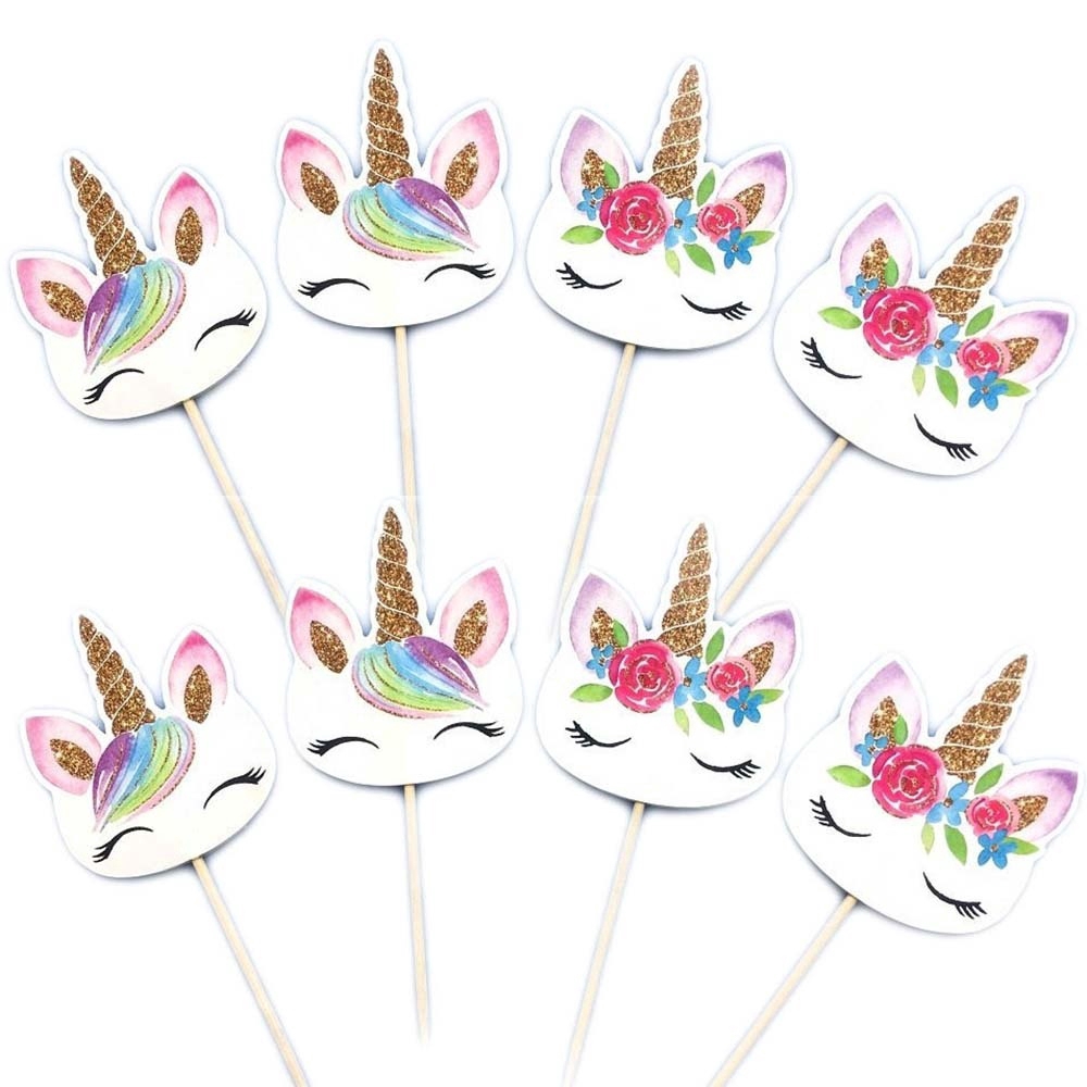 24PCS Unicorn Cupcake Toppers DIY Cakes Topper Picks Birthday Party