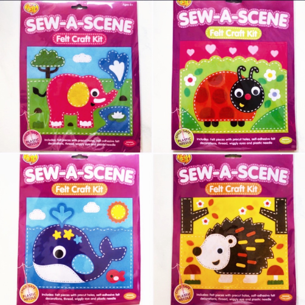 Sew a Scene Children's Felt Craft Kit Plastic Needle Wiggly Eyes Kids 4 Designs 