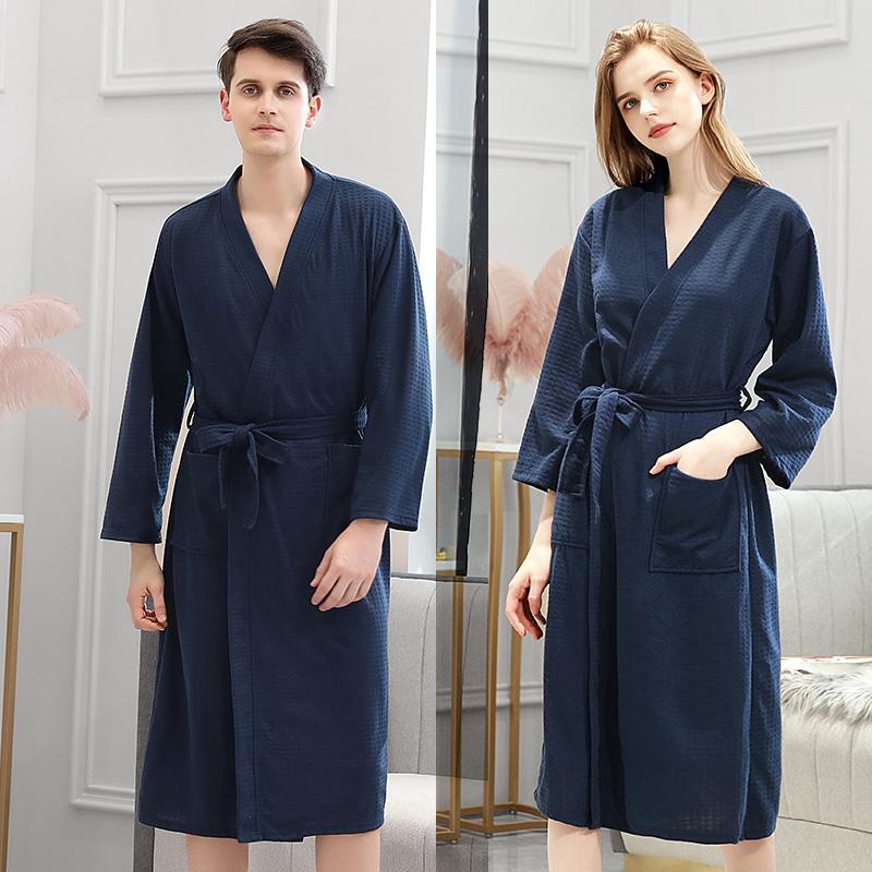 Men Women Cotton Waffle Bath Robe Sleepwear Kimono Thin Terry Cloth