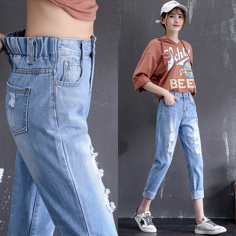 Plus Size High Waist Jeans Woman Denim Pants Boyfriend Trousers Ripped Jeans Shopee Singapore