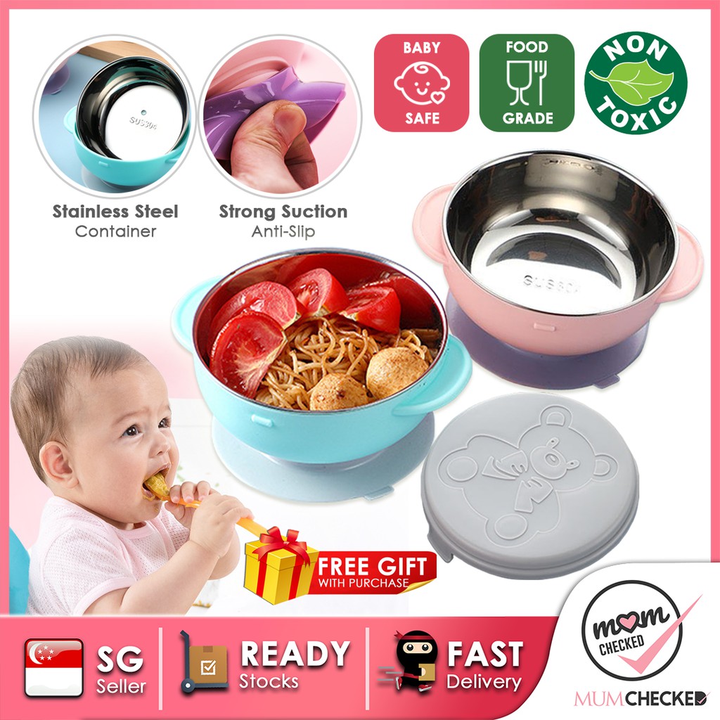 Cartoon Baby Child Double-Handle Bowl Plates with Lid & Spoon Anti-Fall 3Colours 