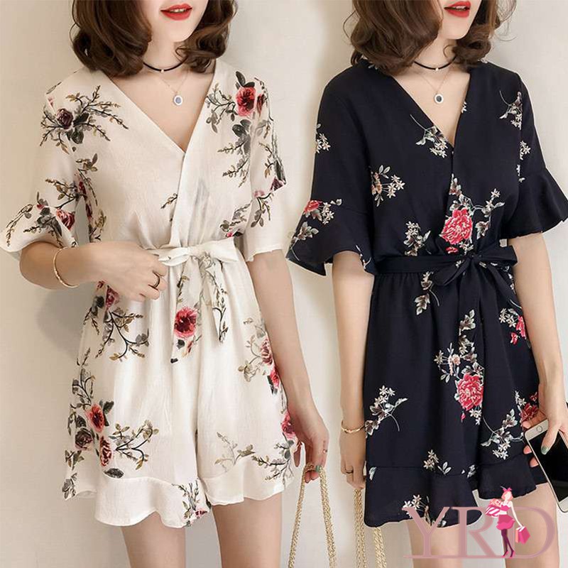  Korean  Style  Women Floral Chiffon High Waist Wide Legged 