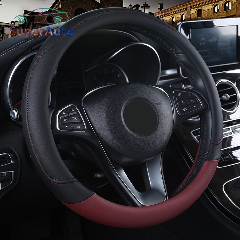 SuperAuto Car Steering Wheel Cover Universal 38CM AntiSlip Leather