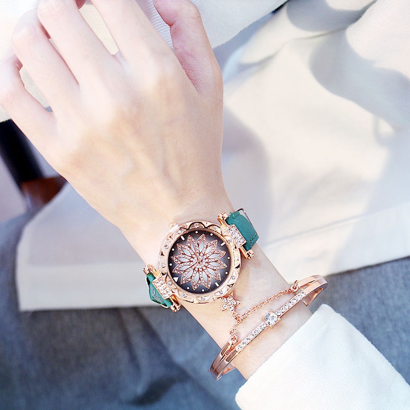 Women Watches Bracelet Set Starry Sky Ladies Bracelet Watch Casual Leather Quartz Wristwatch Clock