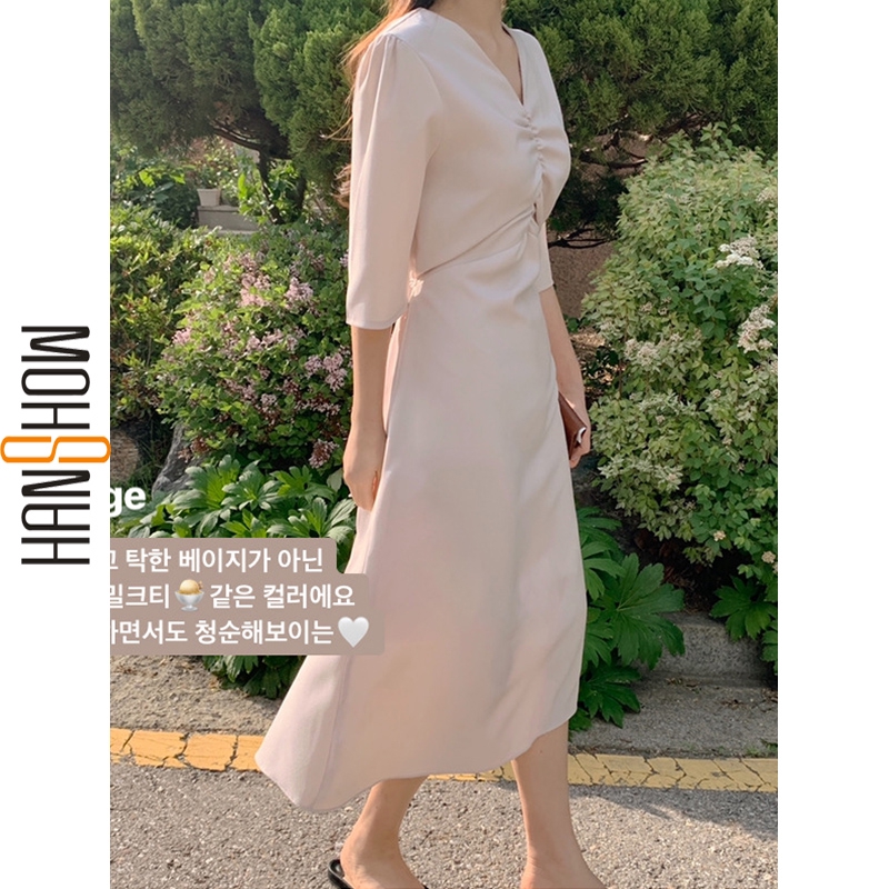 Image of 2022 Elegant Women Dresses High Waist V Neck Vintage Short Sleeve Solid Midi Dress #3