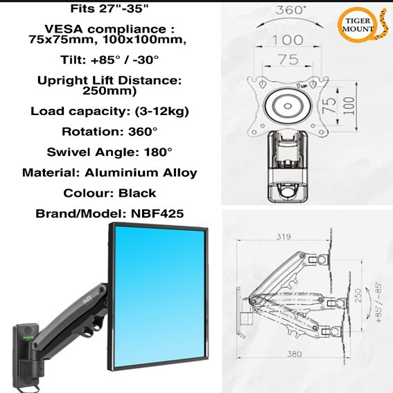 NBF425 TV Bracket / Gas Strut TV Monitor Wall Mount / Adjustable