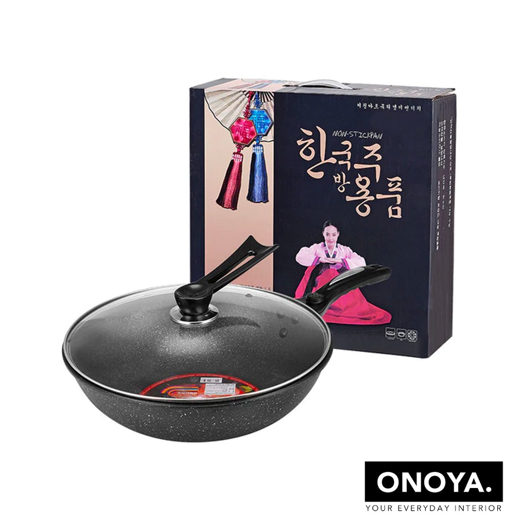 KOM 33cm Korean Rice Stone Frying Pan NonStick Pot Wok With Lid Fry
