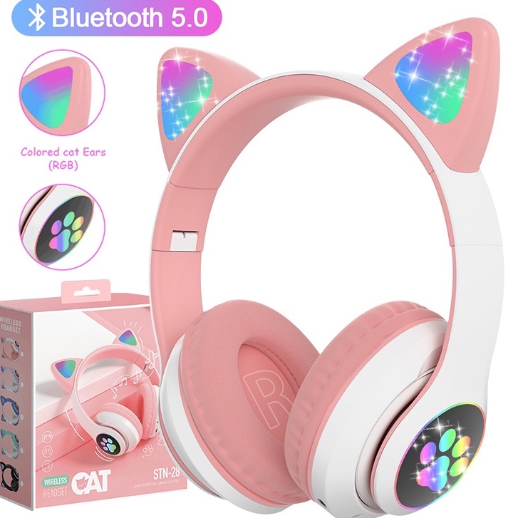 Wireless Headphone LED Flash Cute Cat Ear Bluetooth Headset Support TF Card for Kids Girl Music Gift