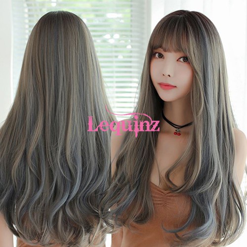 Ash Grey With Blue Highlights Hair Wig Natural Waves