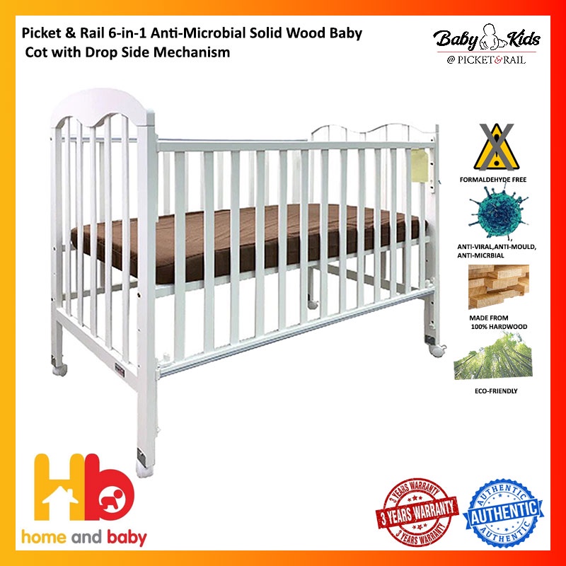 Picket&Rail 6in1 Solid Wood Baby Cot with DropSide Gate 823