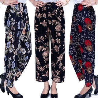 READY STOCK Women Wide Leg Cool Pants Floral Ice Silk Stretchable Straight Leg Pants