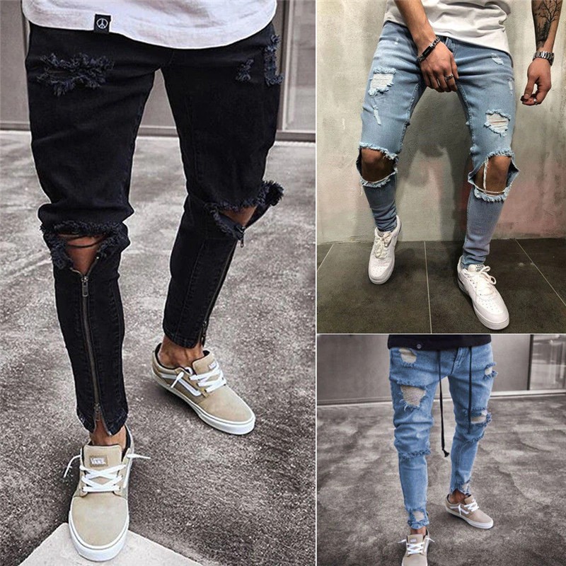 Hirigin Men S Ripped Hole Jeans Super Skinny Slim Fit Denim Pants Destroyed Shopee Singapore