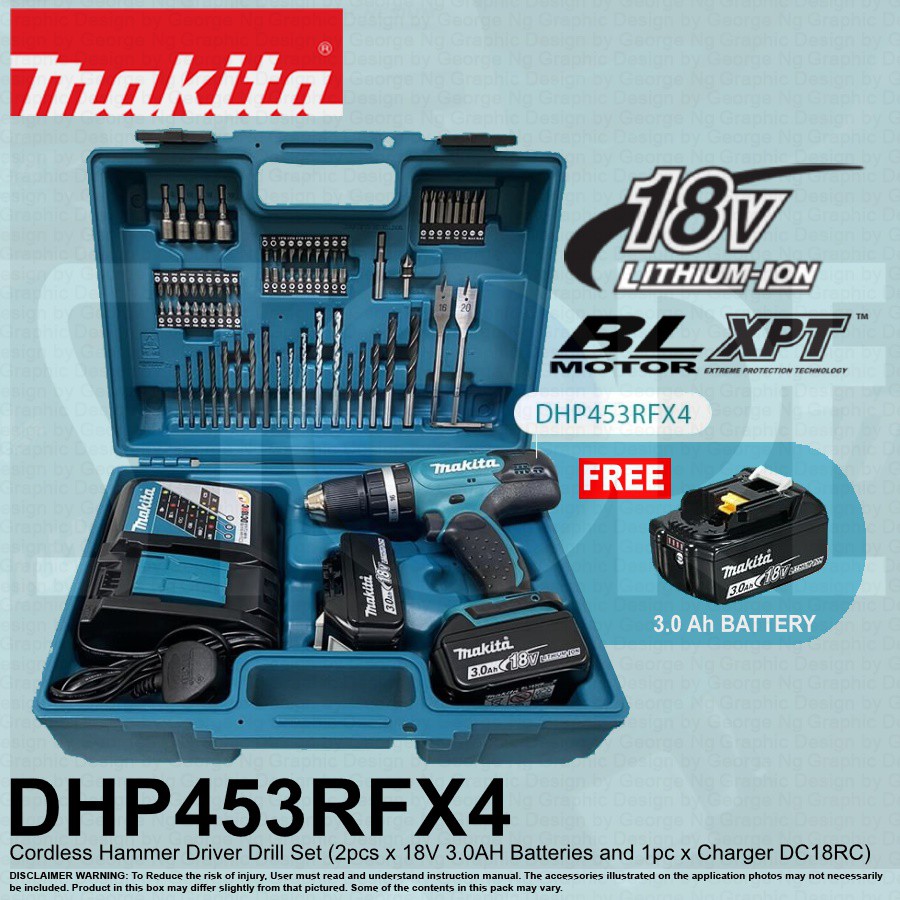 MAKITA DHP453RFX4 Cordless Hammer Driver Drill Set with 75 Pcs