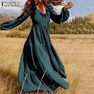 Image of ZANZEA Women V Neck Puff Sleeve Back Zipper Long Sleeve Dress