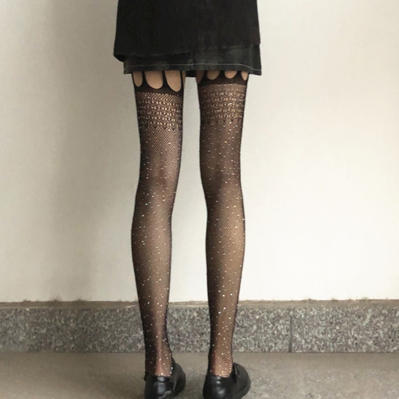 Image of 10MK Women Sexy High Waist Fishnet Tights Garter Belt Stockings Open Crotch Rhinestone Mesh Thigh High Suspender Pantyhose #6