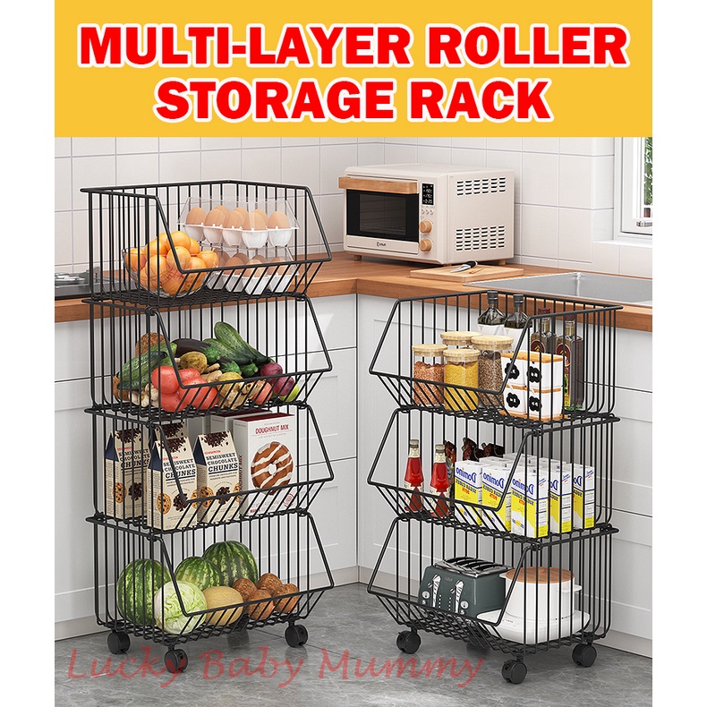 Kitchen Basket Rack with Wheels Multipurpose Rack Storage Heavy Duty