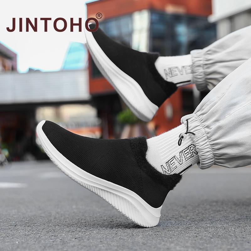 【JINTOHO】Plus Size 35-45 Unisex Loafers Fashion Warm Fur Men Shoes Slip On All Black Shoes For Men And Women
