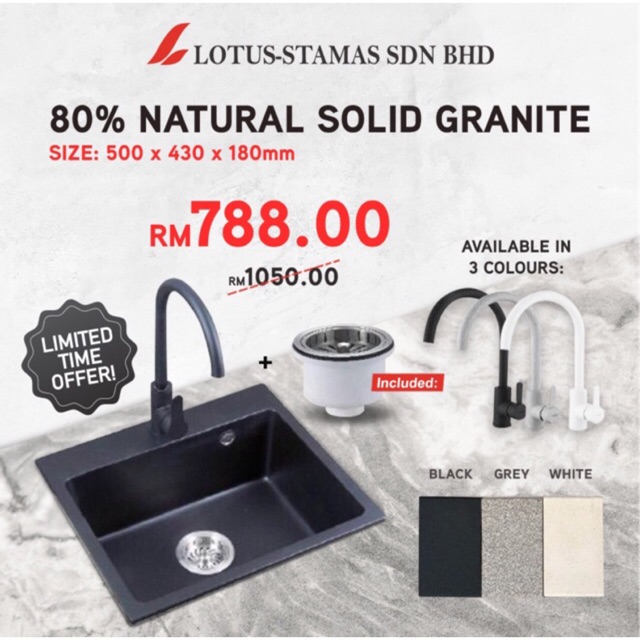 High Quality 80 Natural Granite 50 X 43cm Single Bowl Kitchen Sink Set With Tap White Black Grey Colour Shopee Singapore