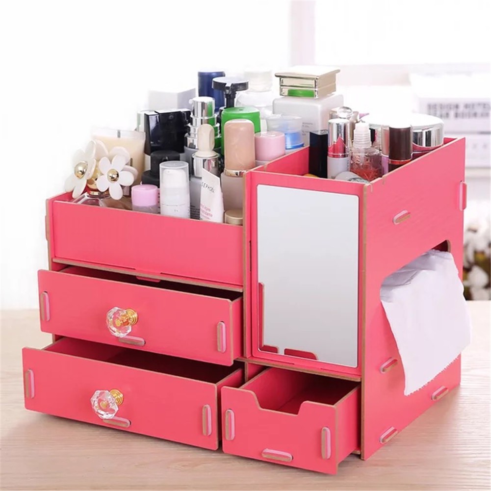 Diy Wooden Makeup Storage Display Box 3 Drawers Organizer With