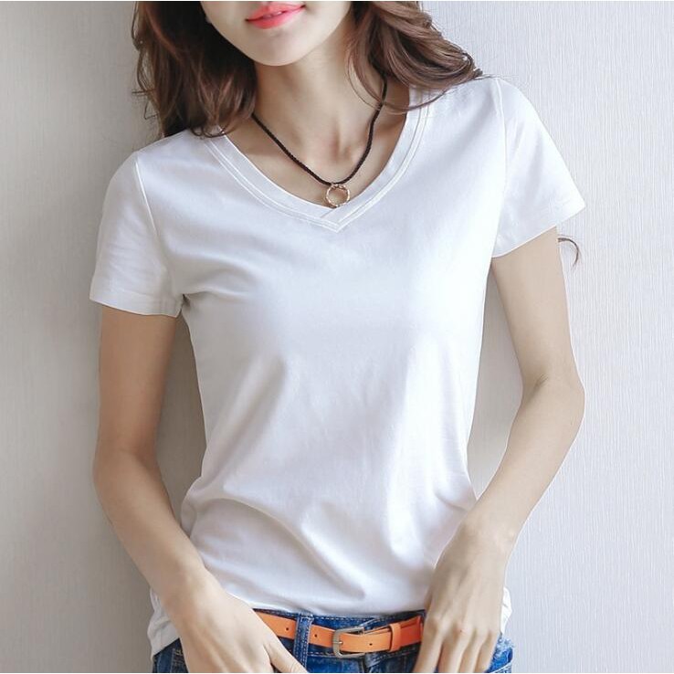 Women White Cotton Plain T shirt Short Sleeve Loose Shirt Ladies Tops ...