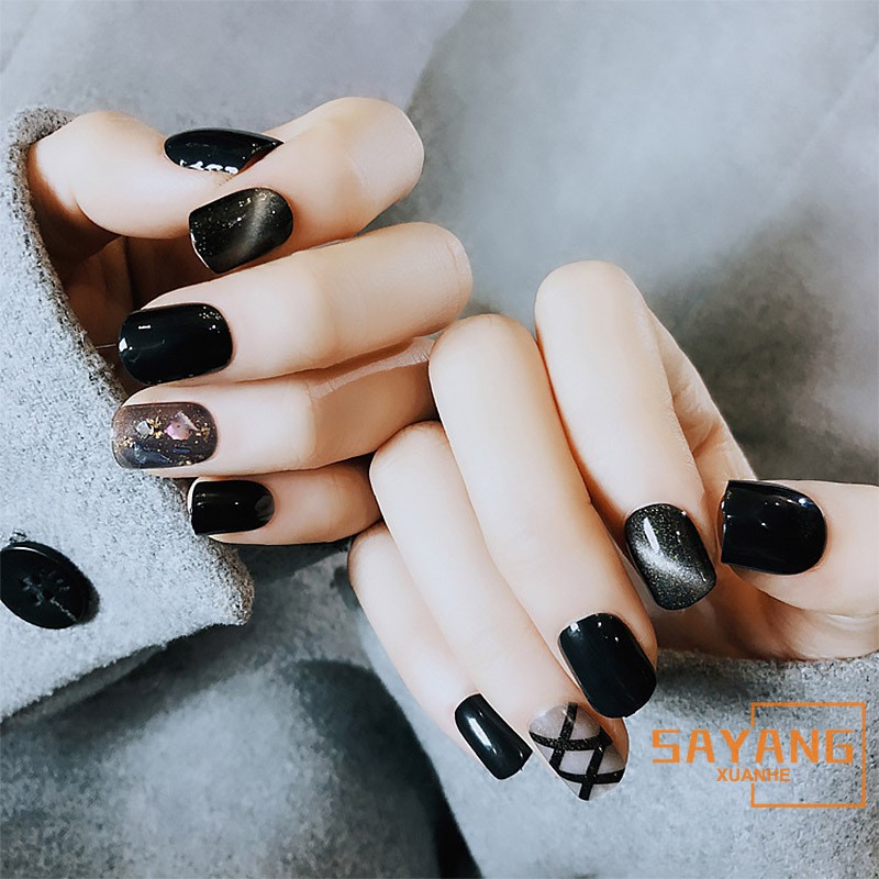 Sayang 22pcs Fashion Cat Eye Pattern Fake Nails Short Oval Black Finished Winter Nail Tips Christmas Gift Shopee Singapore