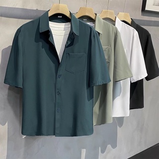 Short Sleeve Shirt Korean Non-Iron High-Quality Plain Color Five-Point Japanese Style Trendy Square Neck Pocket Inch Summer Solid Simple Male Loose S @-