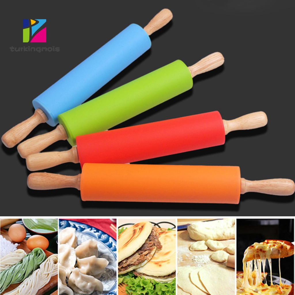 TIMI 30cm Wooden Handle Silicone Rolling Pin NonStick Kitchen Baking