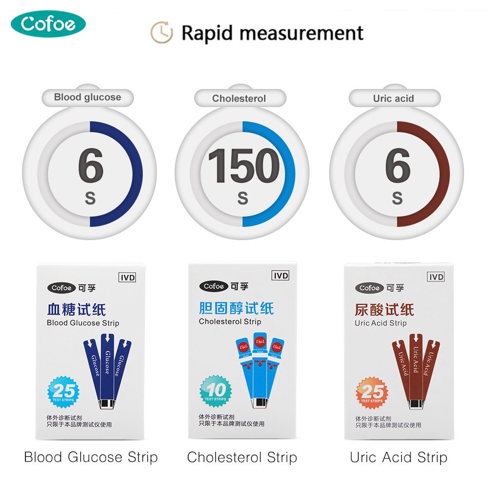 Cofoe In Blood Glucose Cholesterol Uric Acid Test Kit Strips With Free Lancets Shopee