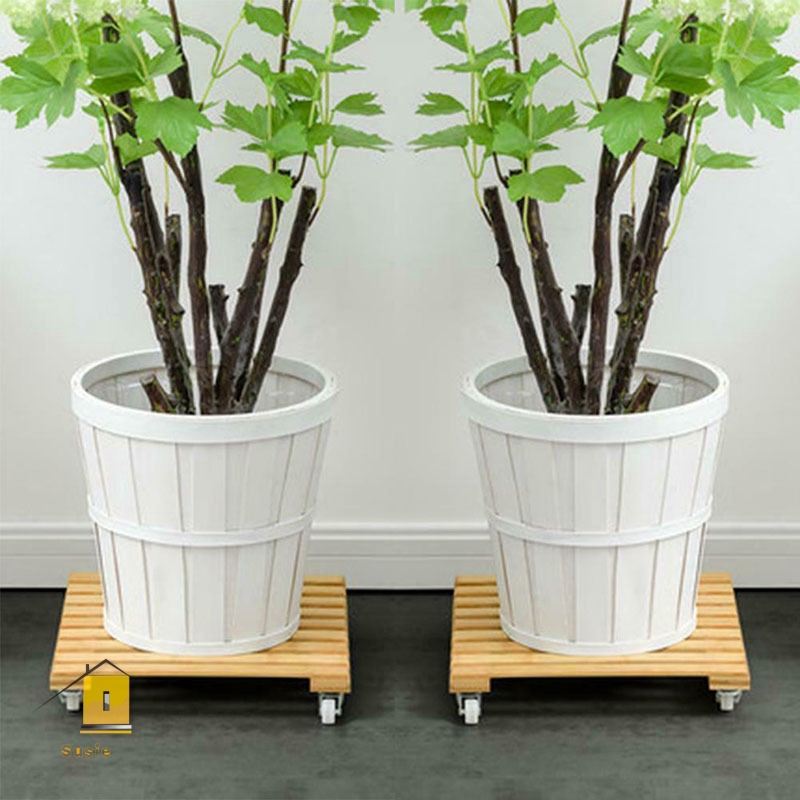 Klinkamz Wooden Movable Plant Pot Trolley Trays Plant Stand Caddy with 4 Wheels Rolling Base