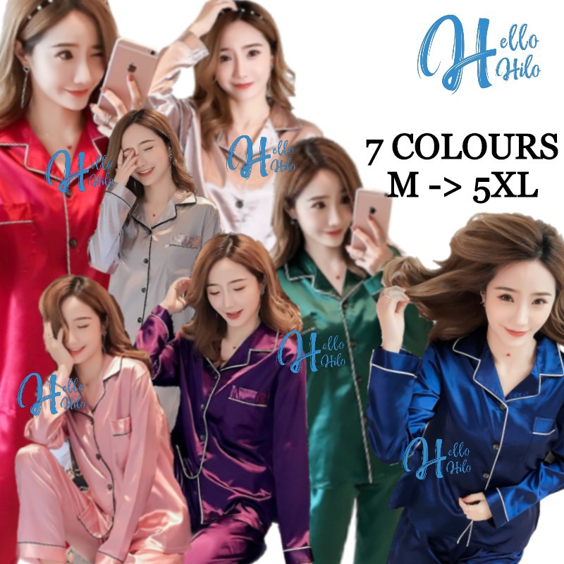 Hellohilo Tbtl Baju Tidur Kain Satin 1 Set Murah Selesa Dan Bergaya Kain Sejuk Baju Tidur Lengan Panjang Shopee Singapore