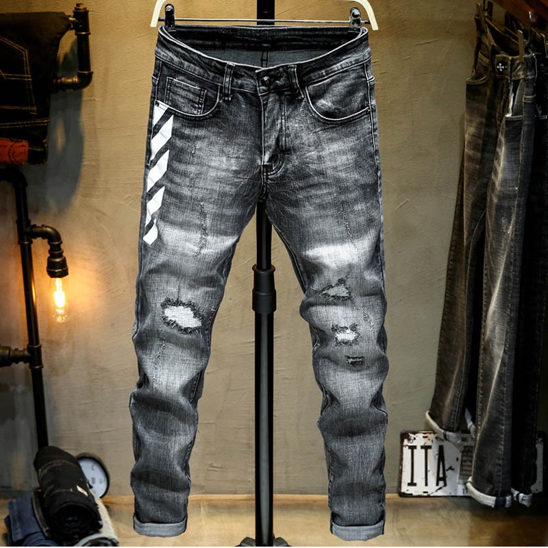 Men Grey Torn Denim With White Striped Jeans Slim Denim Pants Long Cool Streetwear Shopee Singapore