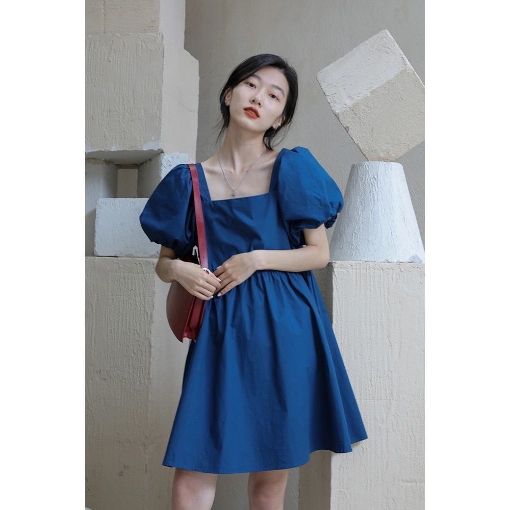 Image of Dress Women's Summer 2022 New French Square Neck Short Sleeve Dress Bubble Sleeve Korean Small Dress #0