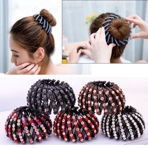 W Women Bird Nest Rhinestone Expanding Tail Hair Bun Holder