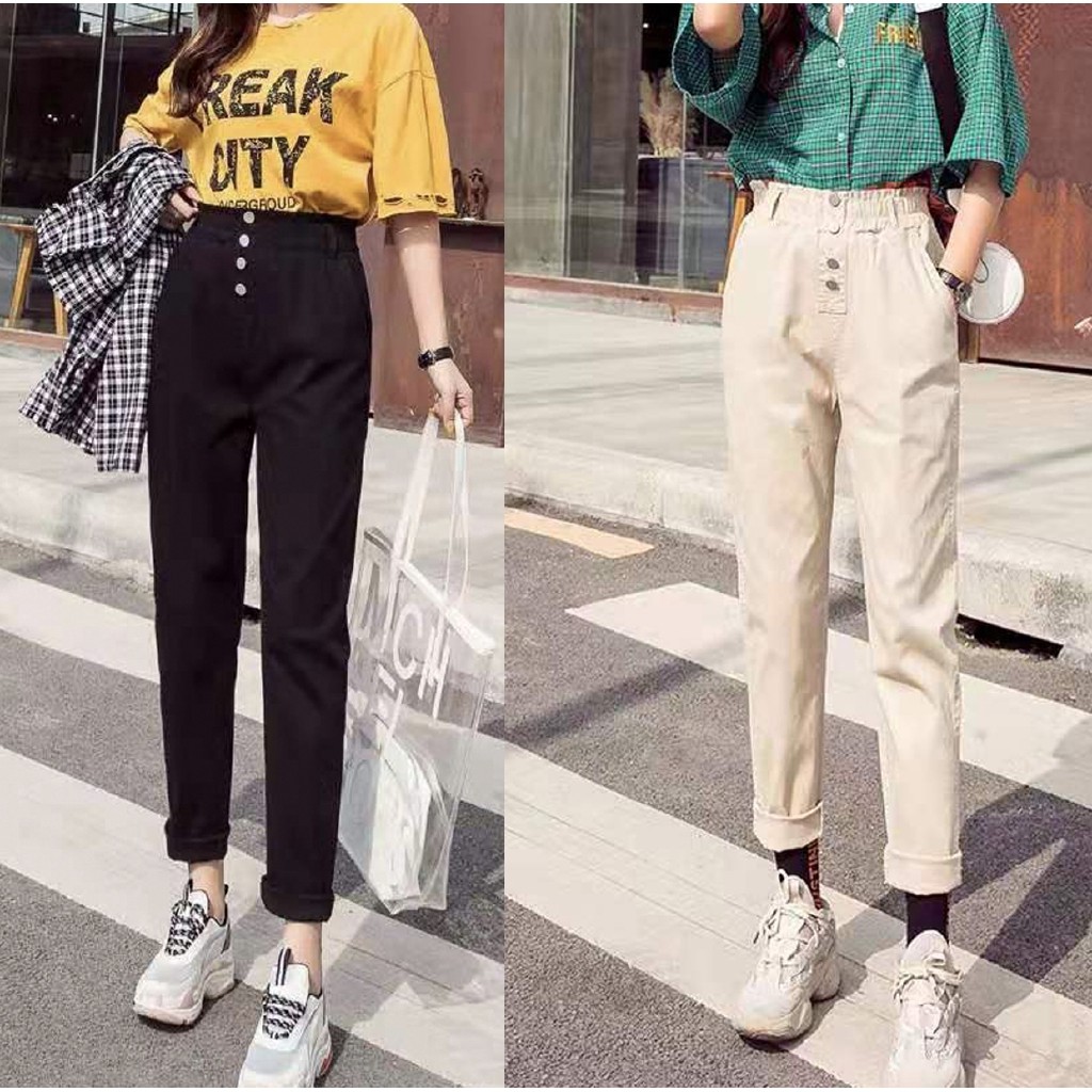 Korean Style Women's Fashion Daily Outfit High Waist Trendy Trousers with Multi-buttons Design B023
