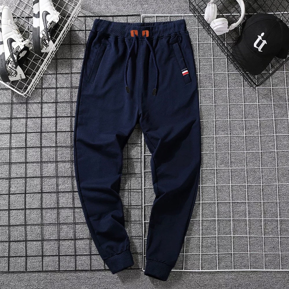 navy blue and red joggers