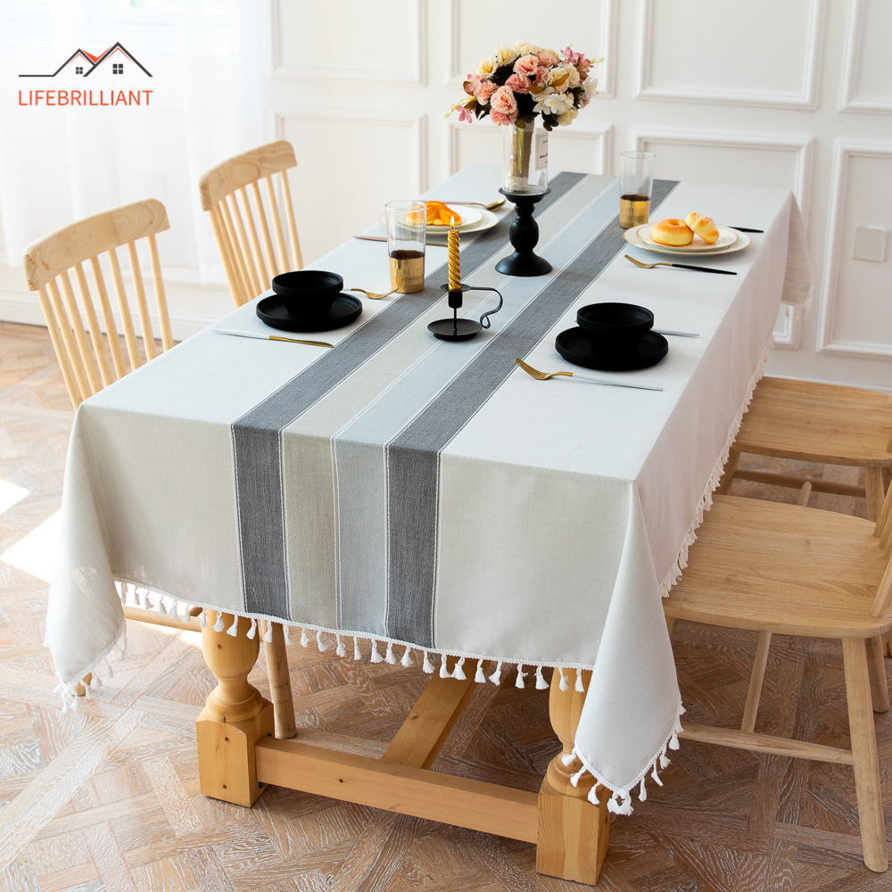 Striped Tassel Tablecloth Embroidery Table Cloths Evening Dining Room Cover Cloth Cotton Linen Table Cover Shopee Singapore