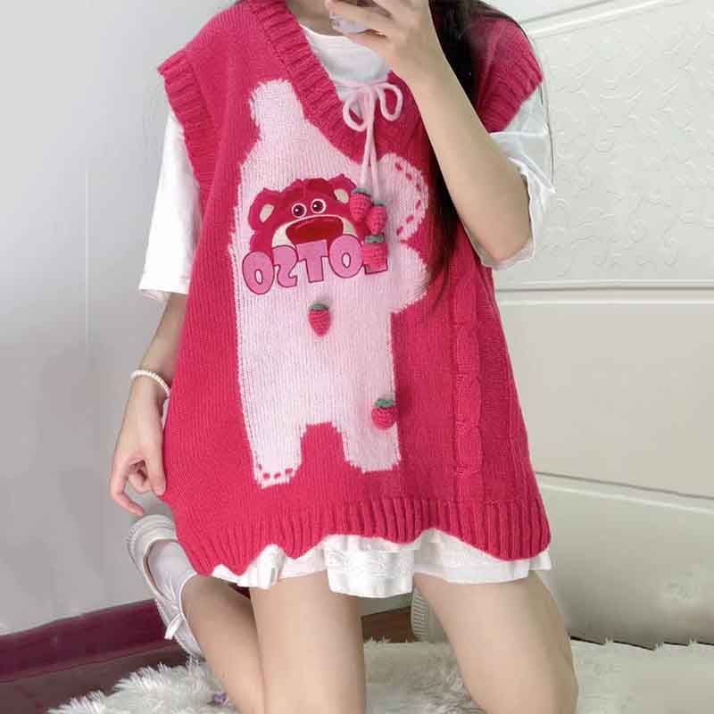 Áo Sweater Dệt Kim Không Tay Dáng Rộng Thêu Họa Tiết Gấu Và Dâu Tây Hoạt Hình Thời Trang Xuân Thu Ch