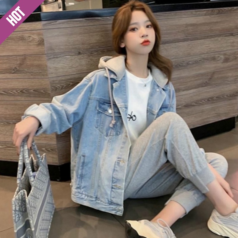 Korean Version Women's Retro Loose Denim Long-Sleeved Hooded Jacket 2022 Student Spring Autumn New Style Casual All-Match Top