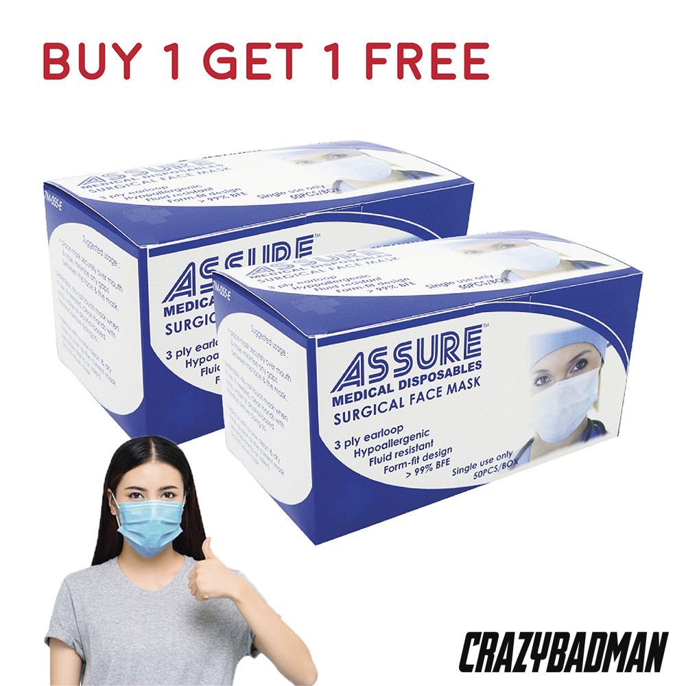 [BUY 1 GET 1 FREE] ASSURE Surgical Face Mask 3ply with Earloop (50 pcs