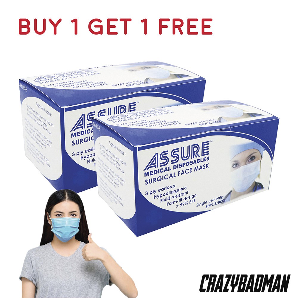 [BUY 1 GET 1 FREE] ASSURE Surgical Face Mask 3-ply with Earloop (50 pcs ...