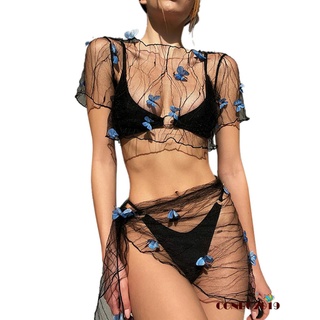 HGM-Women´s Bikini Cover-up Set Mesh Sheer Three-dimensional Butterfly Decoration Short Sleeve Crop Tops Tie-up Sarong Wrap Skirt