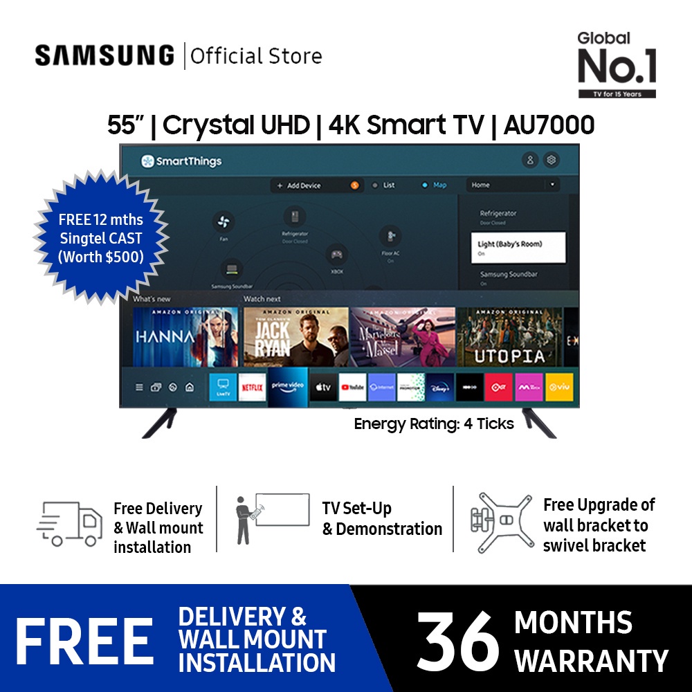 Samsung 55" AU7000 UHD 4K Smart TV (2021) 4 Ticks / 36 Months Warranty Shopee Singapore