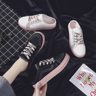 Image of women's flat sneakers korean breathable half canvas shoes casual lazy slip-ons ladies black white kasut sukan