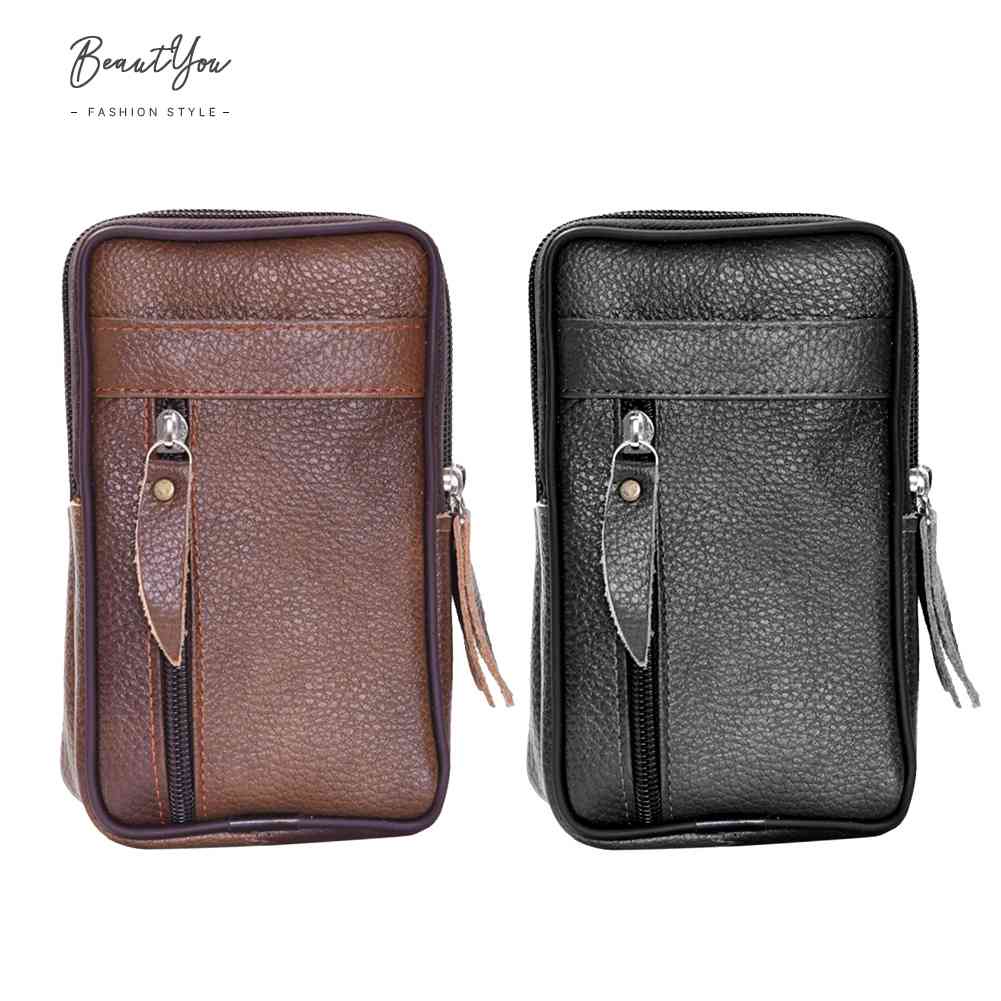 Men Cowhide Leather Waist Bum Pack Casual Small Mobile Phone Zipper Pouch [BeautYou.sg]