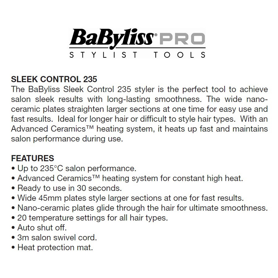 babyliss 2179u sleek control 235 wide straightener