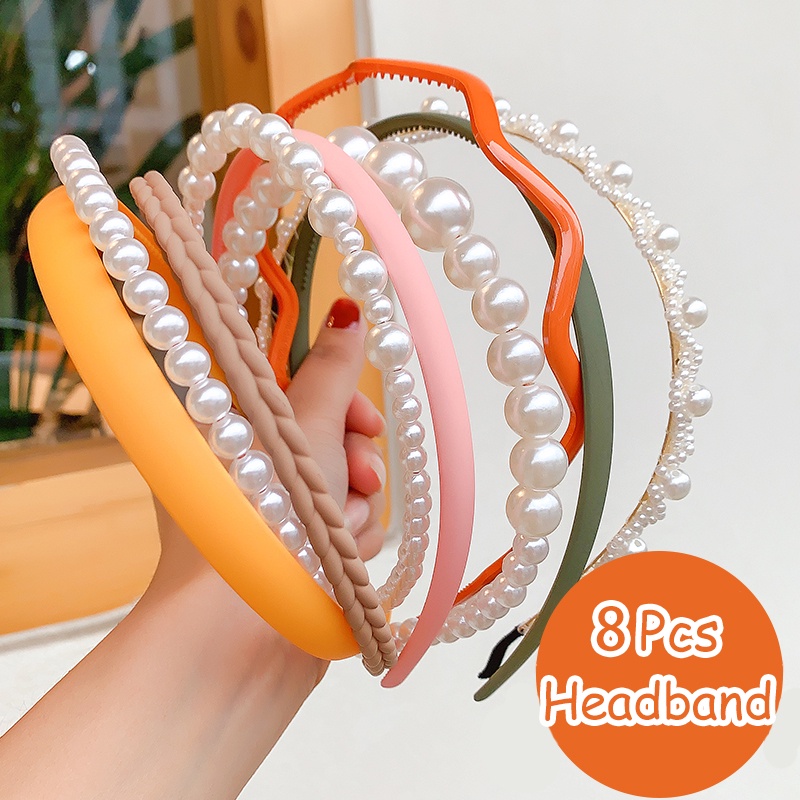 Image of 8pcs/set Korean Women Girl Pearl Headband Hair Band Wash Face Headbands Fashion Hairdress Hair Accessories #1