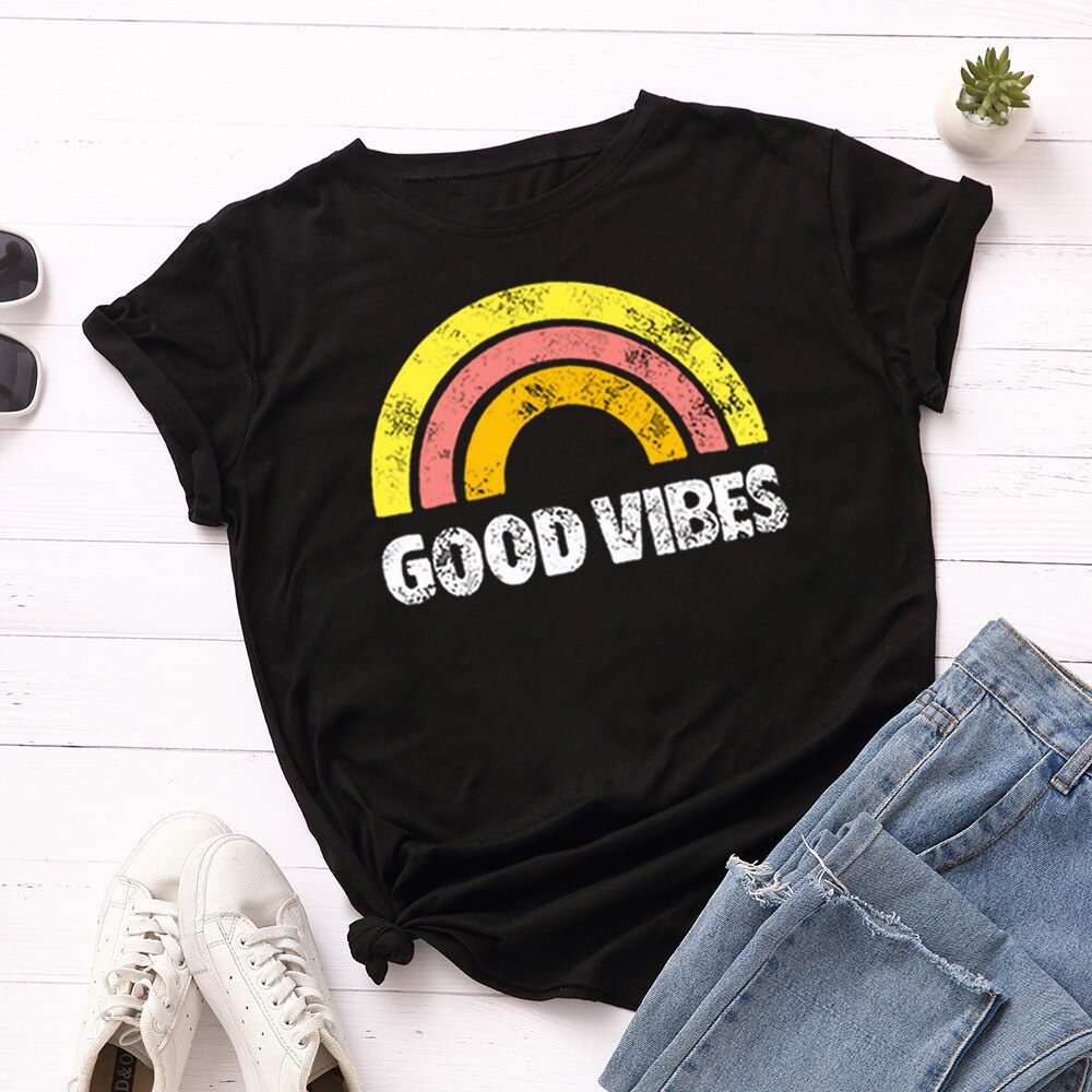 Women Good Vibes Rainbow Top Summer Letters Casual Crew Neck Tee Slogan T-Shirt