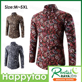 Men S Batik Shirt Kemeja Lelaki Baju Kemeja Batik Bunga Long Sleeves Plug Size Shopee Singapore