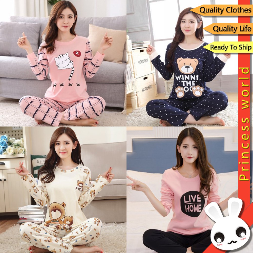 Women Ladies Baju  Tidur Milk Silk Pyjamas Set Long Sleeve 