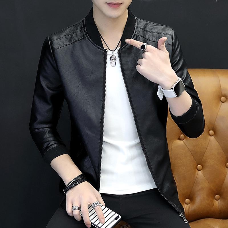 Image of 2020The Latest Model Spot Lightning Delivery Leather Men's Soil Youth Stand Collar Slim Casual Leather JacketPULeather Jacket Motorcycle Thin Spring and Autumn Coat Men